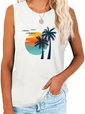 Women'WB shield Coconut Tree Print Round Neck Tank Top, Casual Sleeveless Crew Neck Top for Summer, Ladies TNF for Daily...