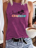Women'WB shield Coconut Tree Print Round Neck Tank Top, Casual Sleeveless Top for Summer, Ladies TNF for Daily Wear,...