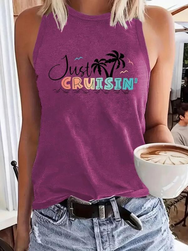 Women'WB shield Coconut Tree Print Round Neck Tank Top, Casual Sleeveless Top for Summer, Ladies TNF for Daily Wear,...