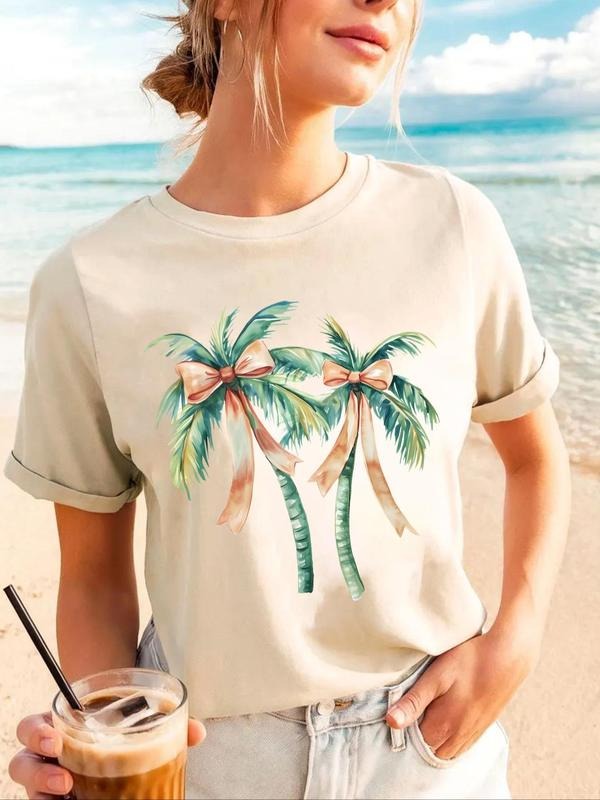 Women'WB shield Coconut Tree Print Round Neck Tee, Casual Bow Print Short Sleeve T-shirt for Daily Wear, Ladies TNF for...
