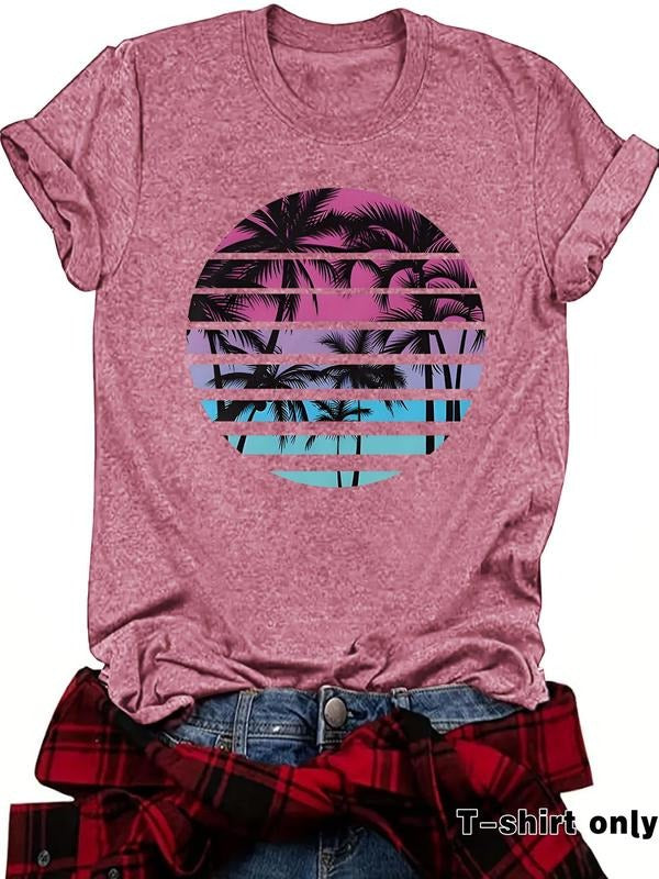 Women'WB shield Coconut Tree Print Round Neck Tee, Casual Short Sleeve Crew Neck T-Shirt for Summer, Fashion Women'WB...