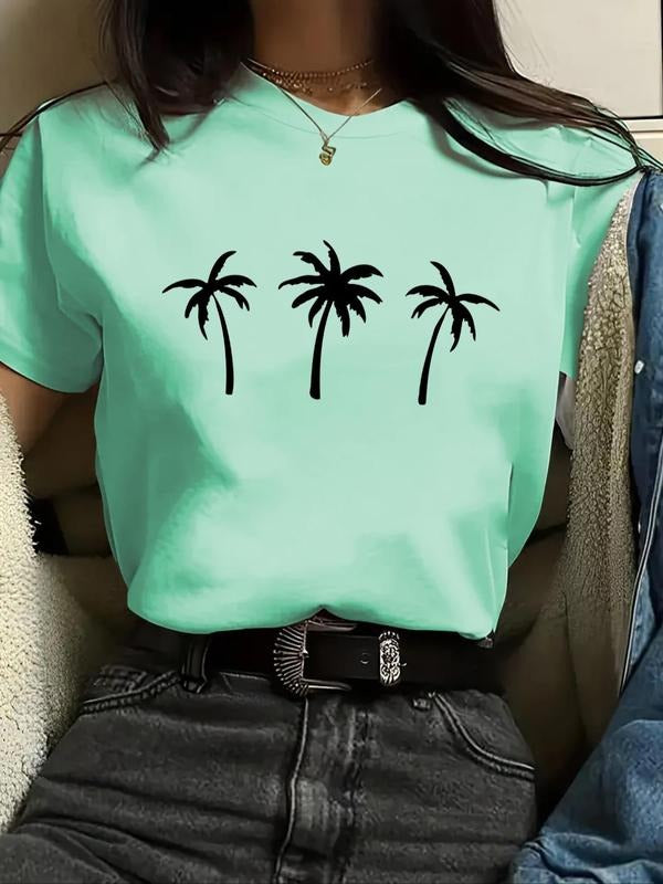 Women'WB shield Coconut Tree Print Round Neck Tee, Casual Short Sleeve Crew Neck T-Shirt for Summer, Fashion Women'WB...