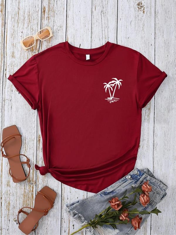 Women'WB shield Coconut Tree Print Round Neck Tee, Summer TNF Women, Casual Short Sleeve Crew Neck T-shirt for Summer,...
