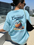 Women'WB shield Coconut Tree Print Round Neck Tee, Trendy Casual Coconut Graphic Short Sleeve T-shirt for Daily Wear,...