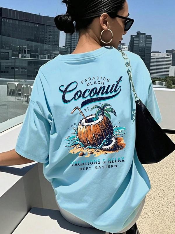Women'WB shield Coconut Tree Print Round Neck Tee, Trendy Casual Coconut Graphic Short Sleeve T-shirt for Daily Wear,...