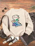 Women'WB shield Colorful Dinosaur Cartoon Print Drop Shoulder Round Neck Sweatshirt, Casual Long Sleeve Crew Neck Loose...