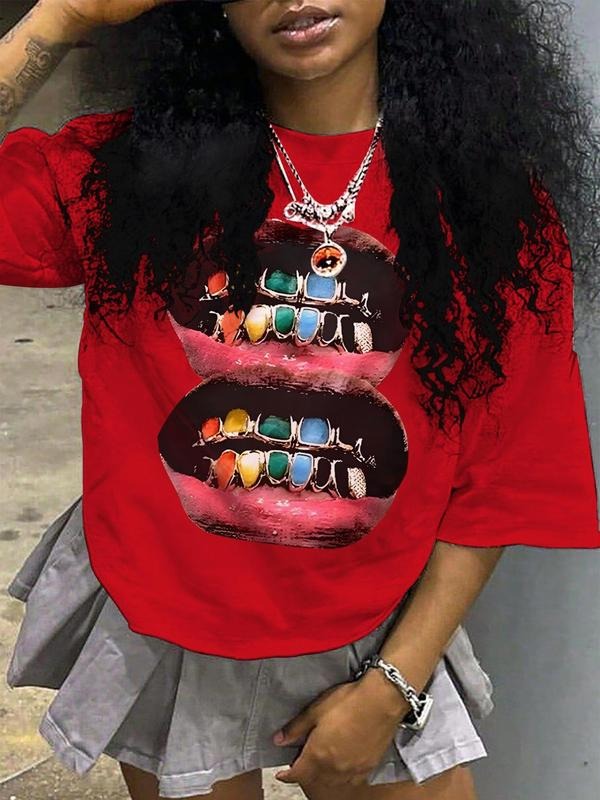 Women'WB shield Colorful Lip Print Round Neck Graphic Tee, Vintage Trendy Casual Half Sleeve T-shirt for Daily Wear,...