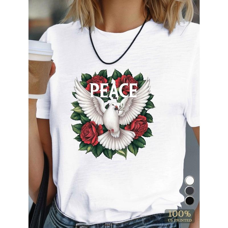 Women'WB shield Comfort Tee- Peace Dove& Red Roses Graphic, Casual Polyester Short Sleeve T-Shirt, Machine Washable,...