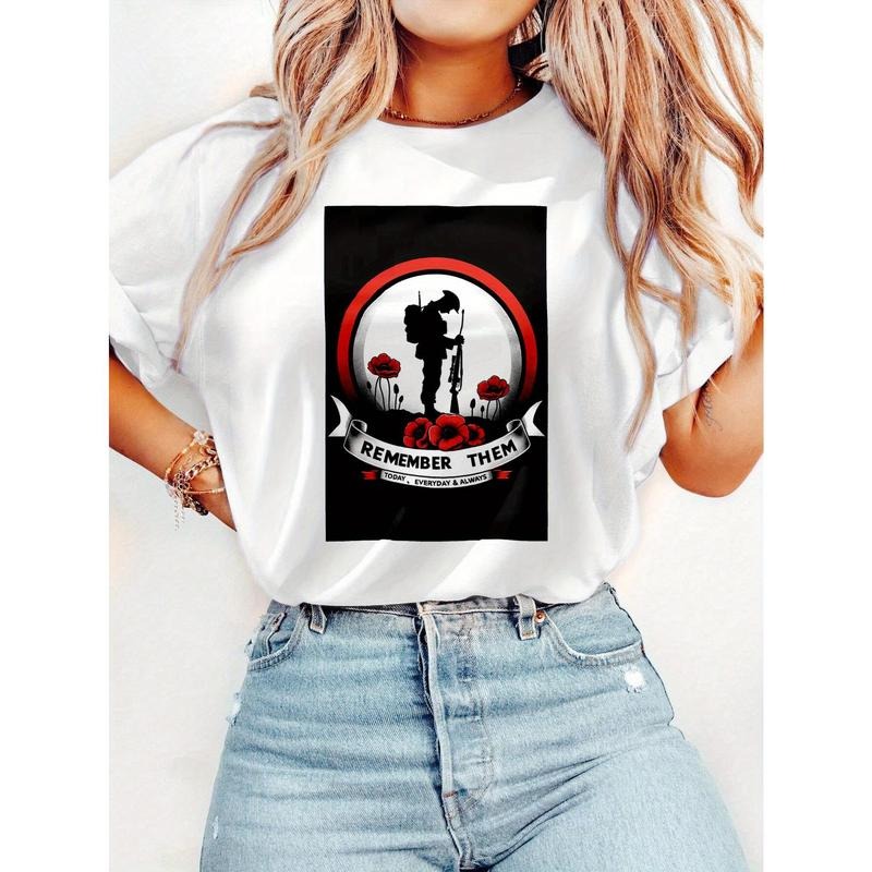 Women'WB shield Commemorative Poppy Soldier Printed T-shirt, Knitted Fabric, Casual round Neck, Regular Version, Short...