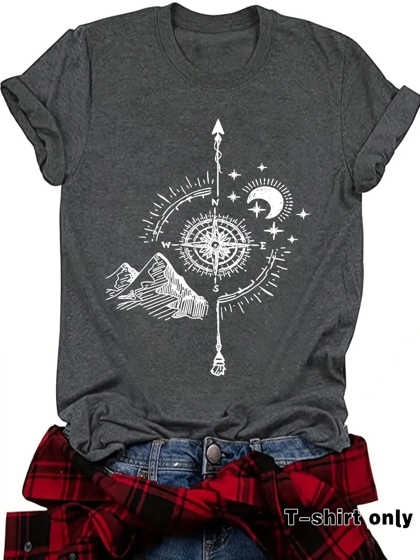 Women'WB shield Compass & Landscape Print Round Neck Tee, Casual Short Sleeve Crew Neck T-shirt for Spring, Fashion...