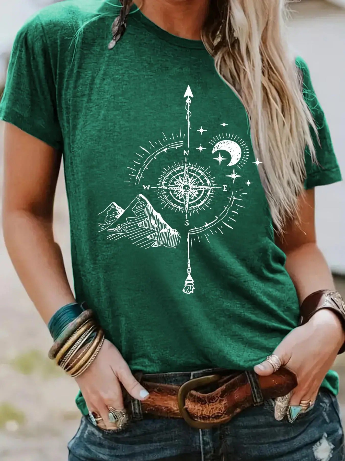 Women'WB shield Compass & Moon Print Round Neck Tee, Casual Short Sleeve T-Shirt for Summer, Ladies TNF for Daily Wear...