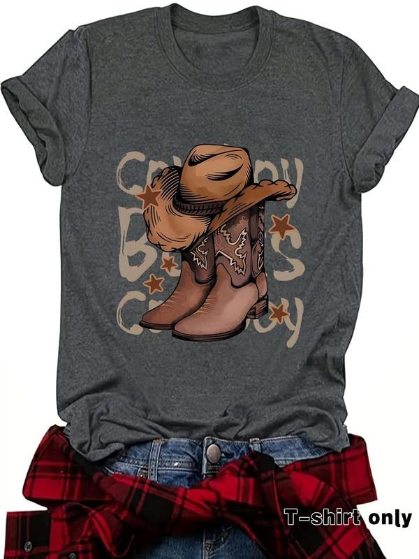 Women'WB shield Country Boots Print Round Neck Tee, Casual Short Sleeve T-shirt for Summer, Ladies TNF for Daily Wear,...