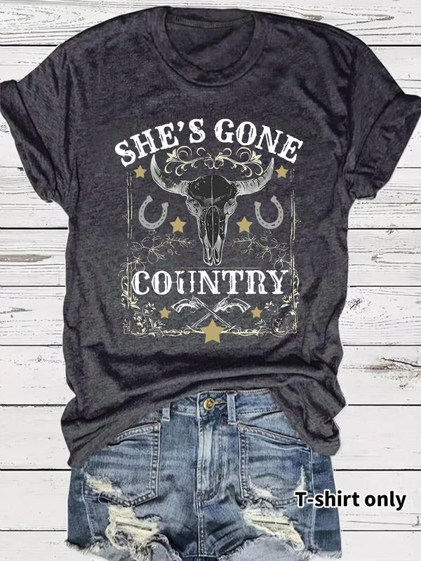 Women'WB shield Country Bull Head Graphic Print Round Neck Tee, Fashion Casual Short Sleeve T-shirt, Ladies Summer TNF...