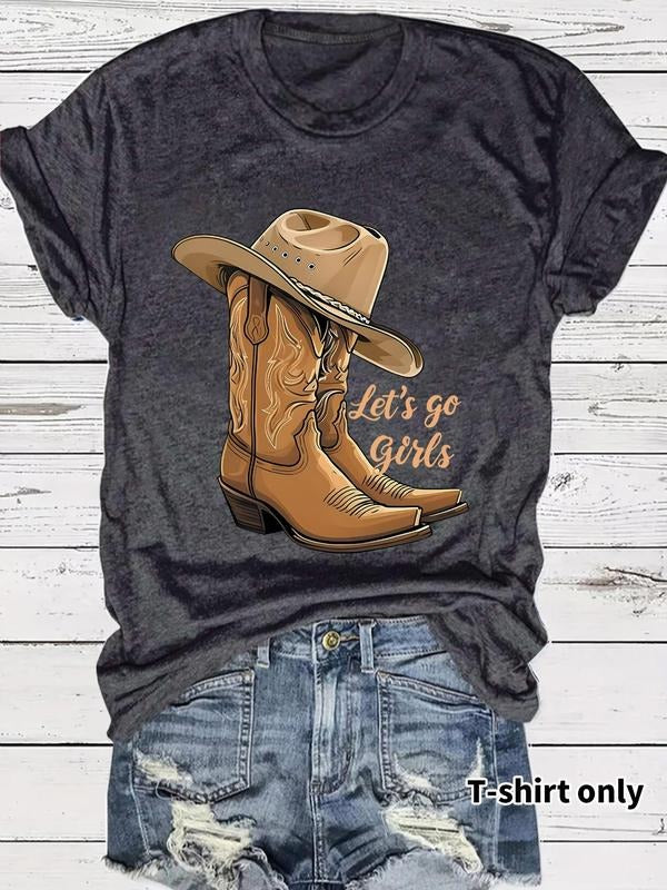 Women'WB shield Country Music Cowboy Hat & Boots Print Round Neck Tee, Casual Fashion Short Sleeve T-shirt for Daily...