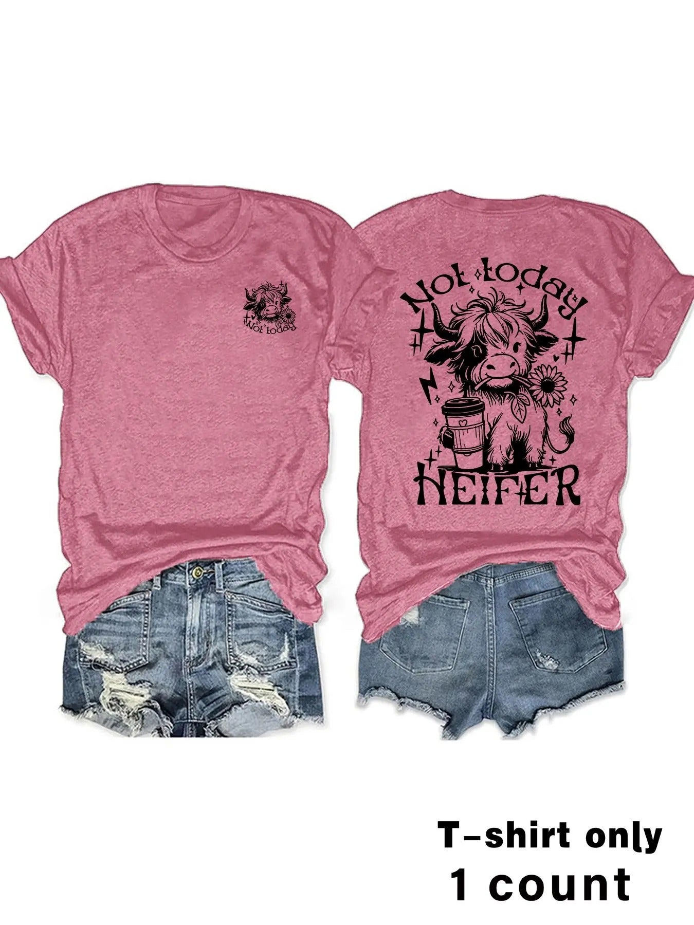 Women'WB shield Cow & Letter Print Round Neck Tee, Casual Short Sleeve Crew Neck T-shirt for Summer, Fashion Women'WB...