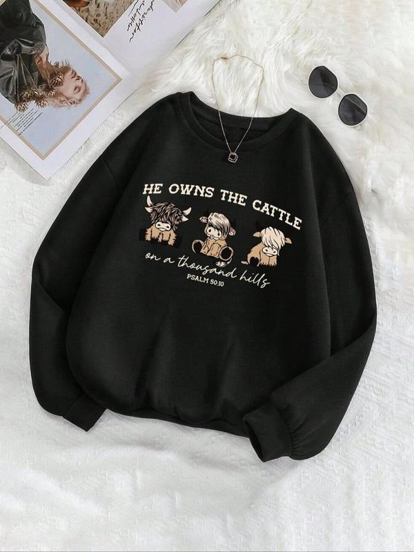 Women'WB shield Cow & Letter Print TNF Lined Sweatshirt, Casual Long Sleeve Round Neck Pullover for Fall & Winter, Ladies...