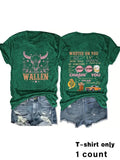 Women'WB shield Cow Head & Letter Print Round Neck Tee, Fashion Casual Crew Neck T-Shirt for Daily Holiday Vacation...