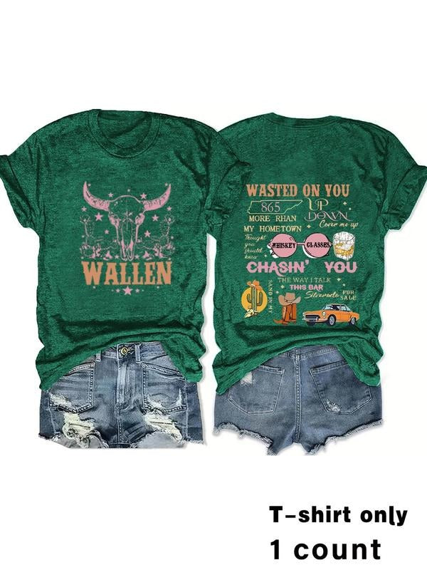 Women'WB shield Cow Head & Letter Print Round Neck Tee, Fashion Casual Crew Neck T-Shirt for Daily Holiday Vacation...