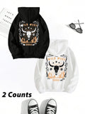 Women'WB shield Cow Head & Slogan Print Drawstring Pocket Hoodie, Casual Long Sleeve Hooded Sweatshirt for Fall & Winter,...