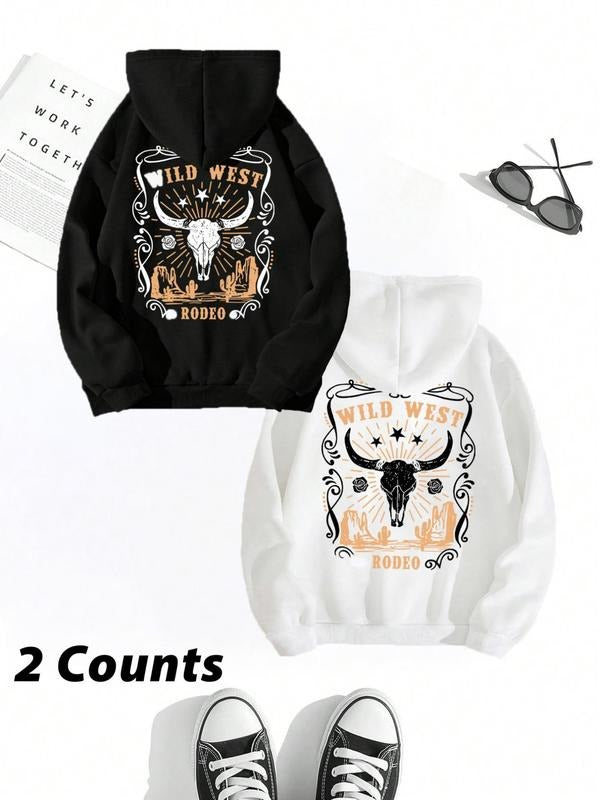 Women'WB shield Cow Head & Slogan Print Drawstring Pocket Hoodie, Casual Long Sleeve Hooded Sweatshirt for Fall & Winter,...