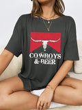 Women'WB shield Cow Head & Slogan Print Round Neck Tee, Fashion Casual Letter Printed T-shirt for Daily Holiday Vacation...