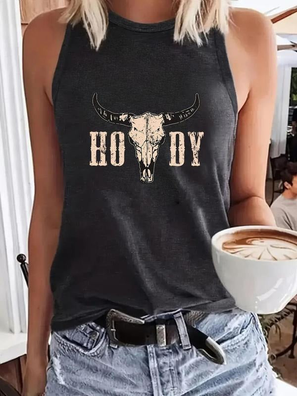 Women'WB shield Cow Head Print Round Neck Tank Top, Casual Sleeveless Crew Neck Top for Summer, Ladies TNF for Daily Wear...
