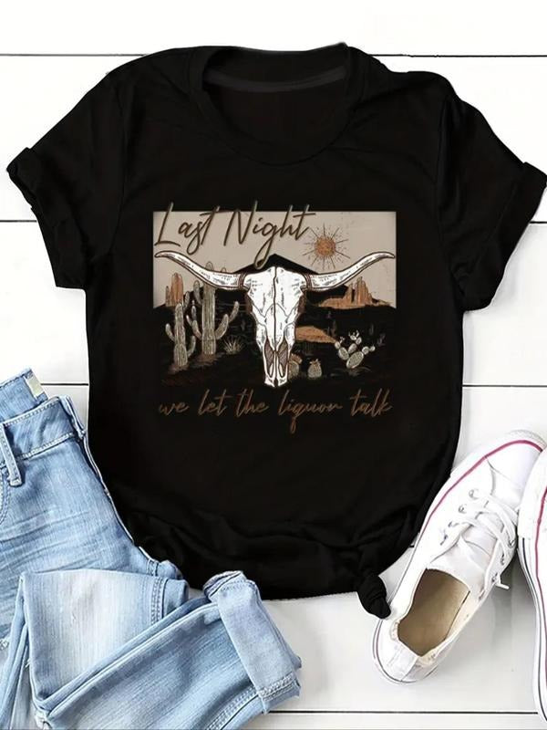 Women'WB shield Cow Head Print Round Neck Tee, Casual Short Sleeve Crew Neck T-Shirt for Summer, Fashion Women'WB shield...