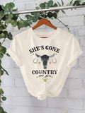 Women'WB shield Cow Head Print Round Neck Tee, Fashion Casual Crew Neck T-Shirt for Daily Holiday Vacation Outdoor Wear,...