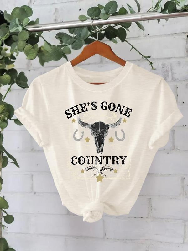 Women'WB shield Cow Head Print Round Neck Tee, Fashion Casual Crew Neck T-Shirt for Daily Holiday Vacation Outdoor Wear,...