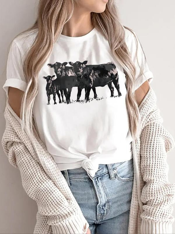Women'WB shield Cow Print Round Neck Tee, Casual Short Sleeve Crew Neck T-Shirt for Summer, Fashion Women'WB shield Top...