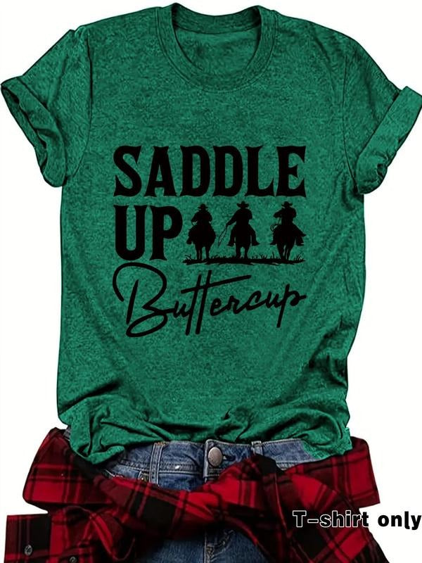 Women'WB shield Cowboy & Cowgirl Print Round Neck Tee, Casual Short Sleeve Crew Neck T-shirt for Summer, Fashion Women'WB...