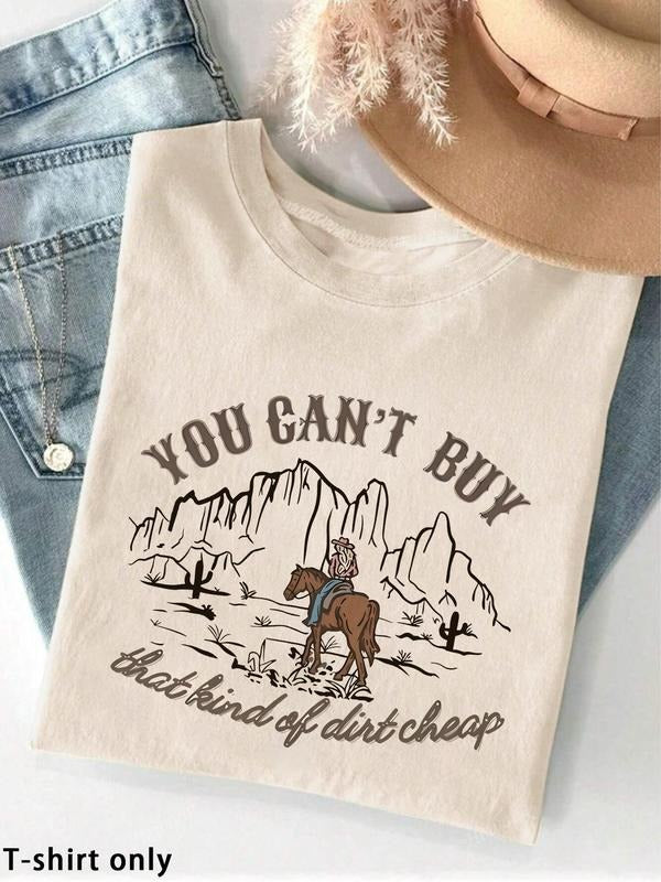 Women'WB shield Cowboy & Desert Print Round Neck Graphic Tee, Vintage Trendy Casual Short Sleeve T-shirt for Daily Wear,...
