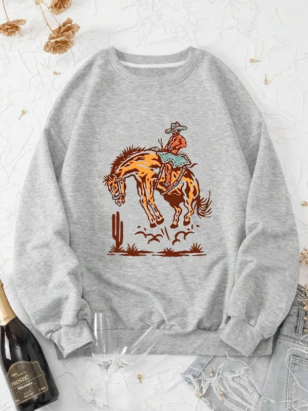 Women'WB shield Cowboy & Horse Print Drop Shoulder TNF Lined Sweatshirt, Casual Long Sleeve Round Neck Pullover for Daily...