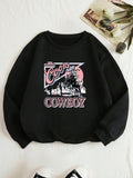 Women'WB shield Cowboy & Letter Print Drop Shoulder Sweatshirt, Casual Long Sleeve Round Neck Pullover for Daily Wear,...