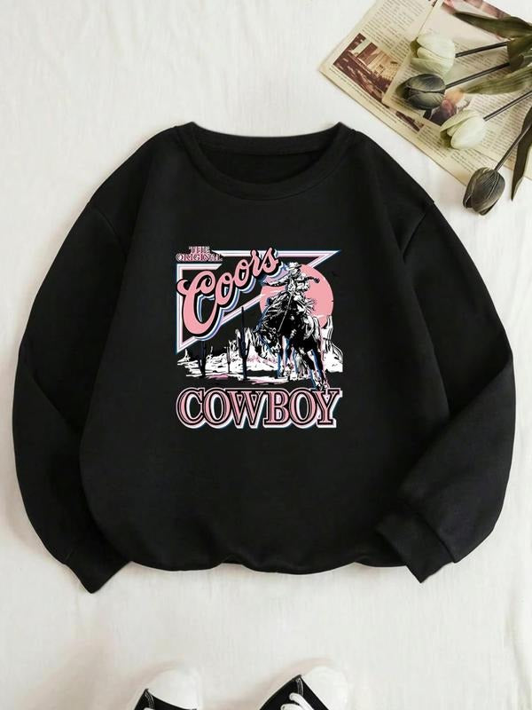 Women'WB shield Cowboy & Letter Print Drop Shoulder Sweatshirt, Casual Long Sleeve Round Neck Pullover for Daily Wear,...