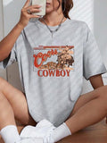 Women'WB shield Cowboy & Letter Print Drop Shoulder Tee, Casual Half Sleeve Round Neck T-shirt for Daily Wear, Ladies TNF...