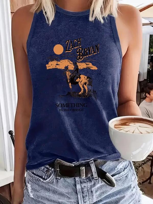 Women'WB shield Cowboy & Sunset Print Round Neck Tank Top, Casual Sleeveless Top for Summer, Ladies TNF for Daily Wear,...