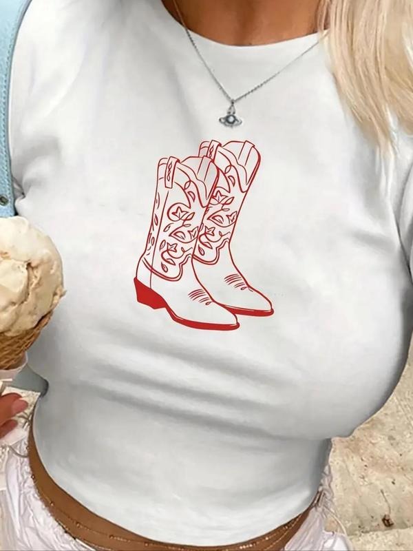 Women'WB shield Cowboy Boots Round Neck Crop Graphic Tee, Fashion Casual Short Sleeve T-shirt for Daily Wear, Ladies...