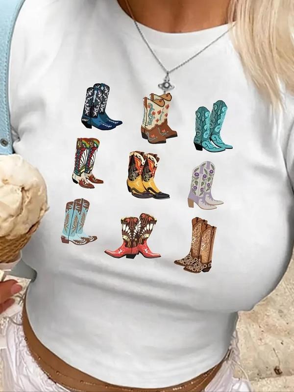 Women'WB shield Cowboy Boots Round Neck Crop Graphic Tee, Fashion Casual Short Sleeve T-shirt for Daily Wear, Ladies...