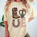 Women'WB shield Cowboy Hat & Boots Print Drop Shoulder Tee, Casual Letter Graphic Half Sleeve Round Neck T-shirt for...