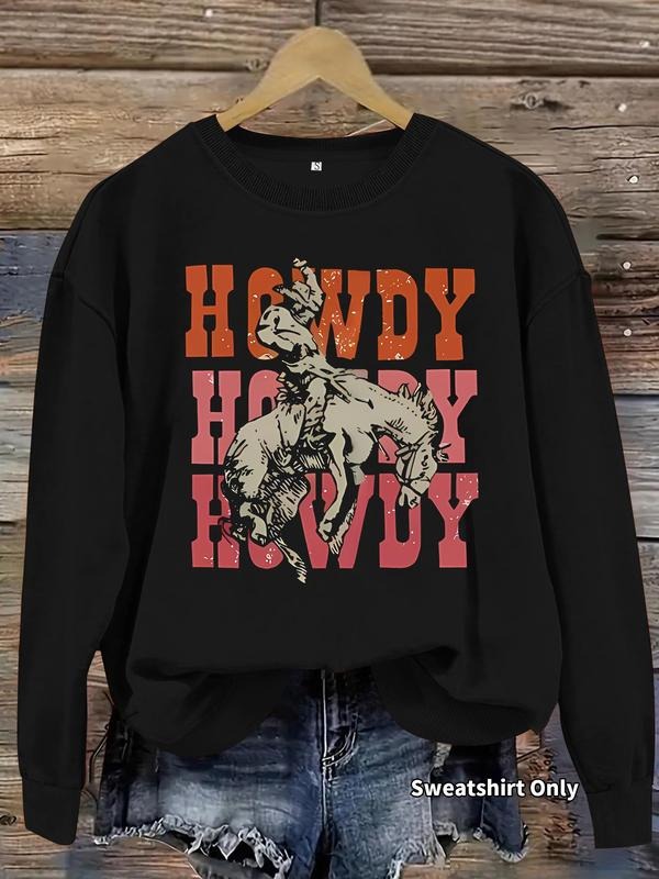Women'WB shield Cowboy Print Crew Neck Sweatshirt, Casual Long Sleeve Pullover for Fall & Winter, Women'WB shield TNF for...