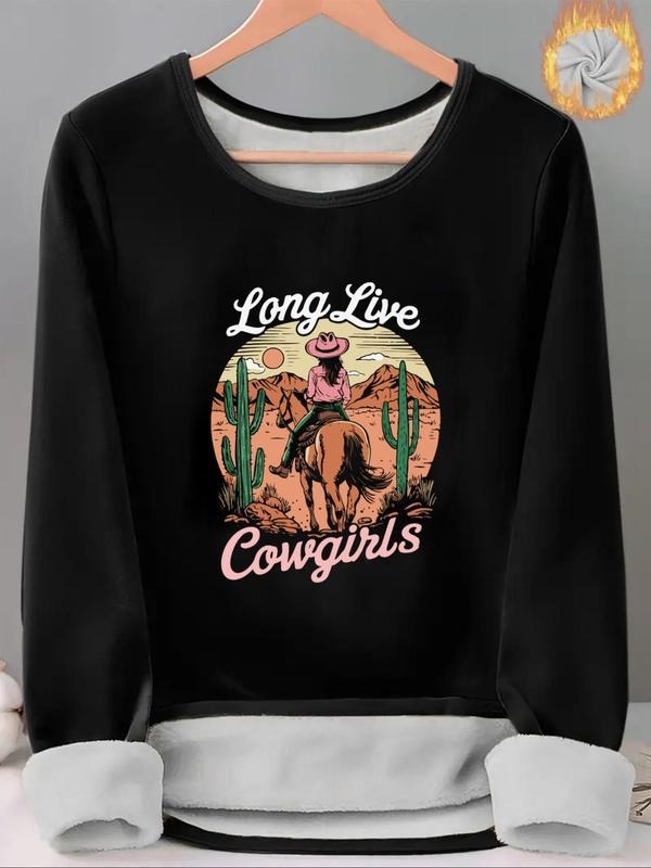 Women'WB shield Cowgirl & Landscape Print TNF Lined Tee, Casual Long Sleeve Round Neck T-shirt for Fall & Winter, Ladies...