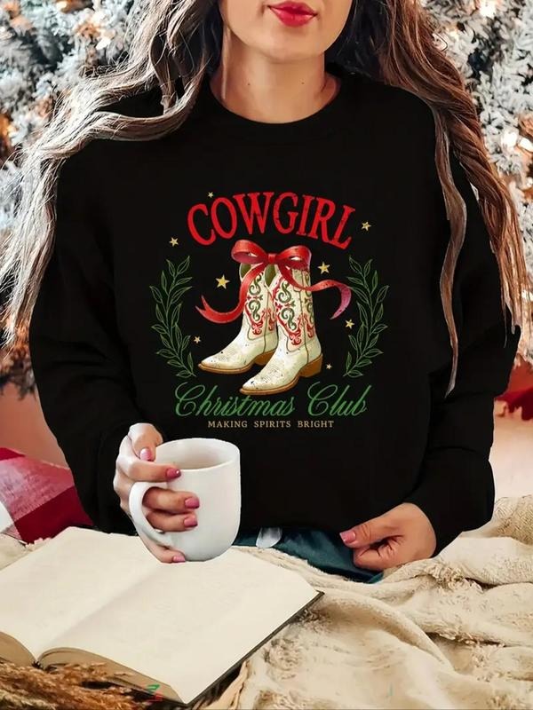 Women'WB shield Cowgirl & Letter Print Drop Shoulder Sweatshirt, 2024 New Style Casual Long Sleeve Round Neck Pullover...