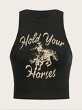 Women'WB shield Cowgirl & Letter Print Round Neck Tank Top, Vintage Trendy Casual Sleeveless Crewneck Top for Daily Wear,...