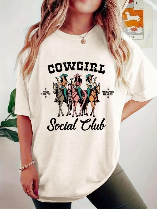 Women'WB shield Cowgirl & Letter Print Round Neck Tee, Fashion Casual Crew Neck T-Shirt for Daily Holiday Vacation...