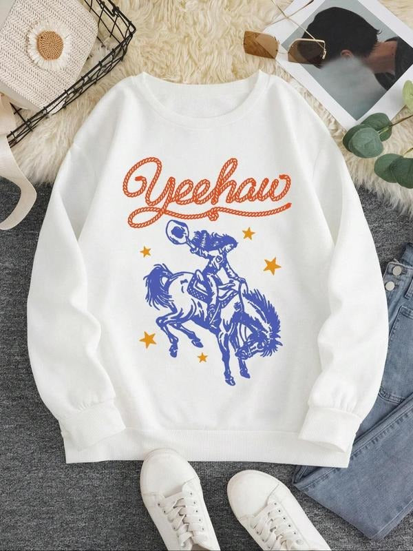 Women'WB shield Cowgirl & Lightsaber brand & Letters Graphic Print Drop Shoulder Sweatshirt, Casual Long Sleeve Round...