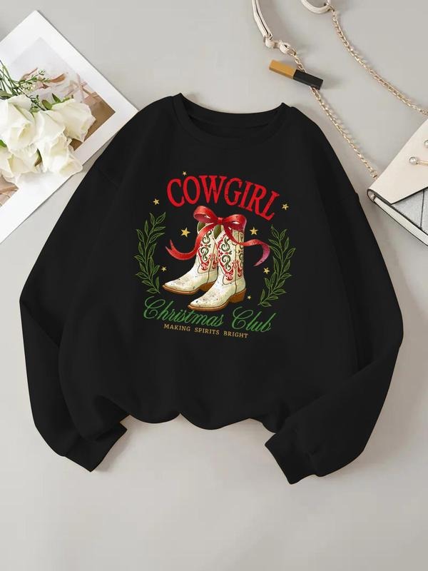 Women'WB shield Cowgirl Letter Print Drop Shoulder Sweatshirt, Casual Long Sleeve Round Neck Pullover for Daily Wear,...