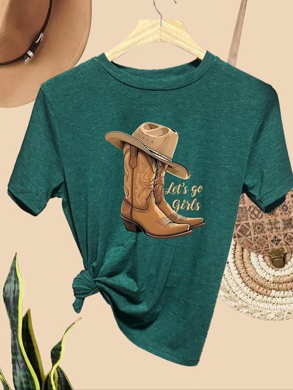 Women'WB shield Cowgirl Letter Print Round Neck Tee, Casual Short Sleeve Crew Neck T-shirt for Daily Wear, Ladies TNF for...