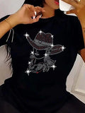 Women'WB shield Cowgirl Print Round Neck Tee, Fashion Casual Crew Neck Short Sleeve T-Shirt for Daily Holiday Vacation...