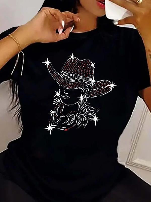 Women'WB shield Cowgirl Print Round Neck Tee, Fashion Casual Crew Neck Short Sleeve T-Shirt for Daily Holiday Vacation...